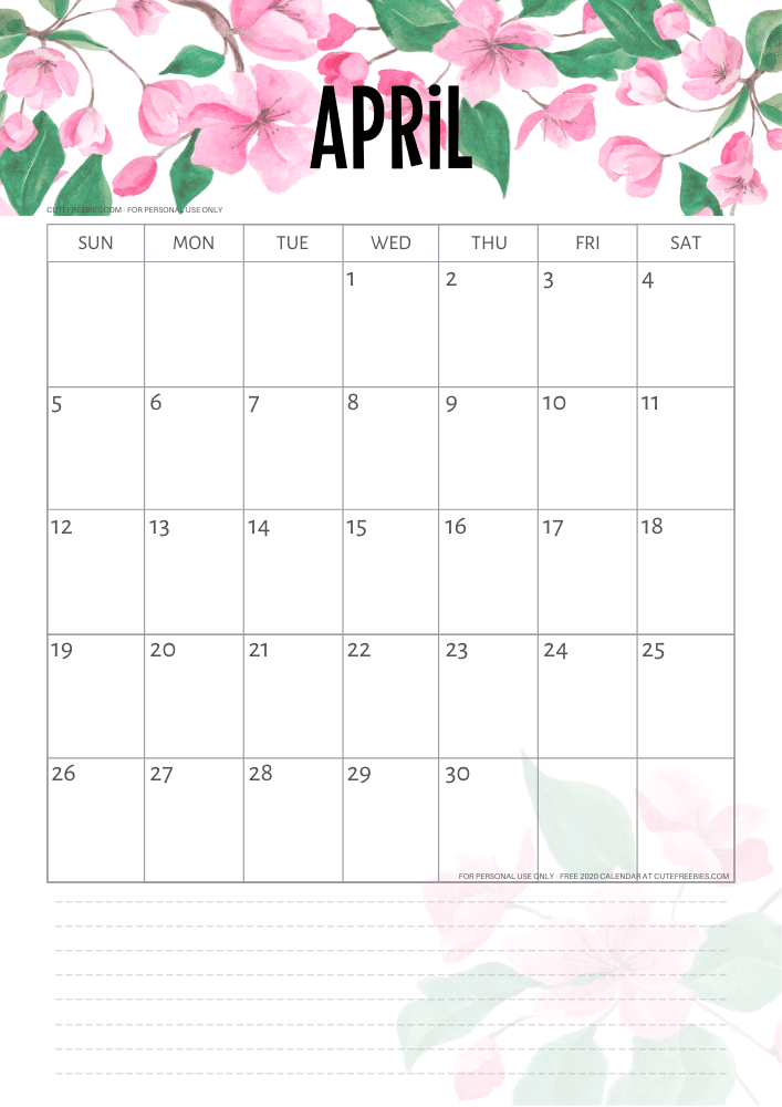 april-2020-calendar-cherry-blossoms - Cute Freebies For You