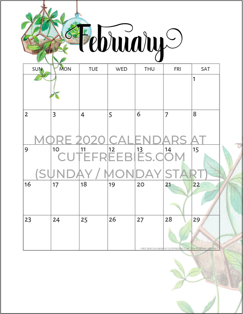 February-2020-calendar-printable-plants - Cute Freebies For You