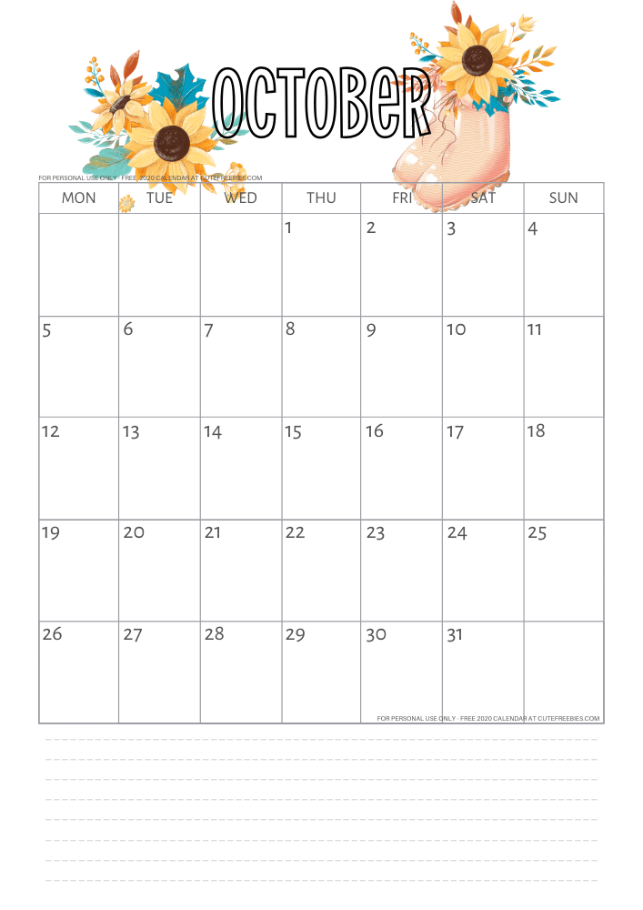 october-2020-calendar-printable-sunflowers - Cute Freebies For You