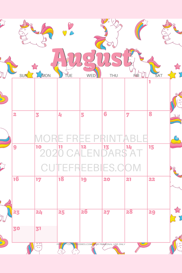 august-2020-calendar-unicorn - Cute Freebies For You