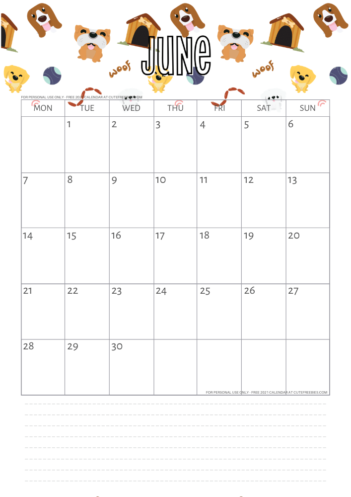 Cute Free Printable Monthly Calendar June 2021 2022