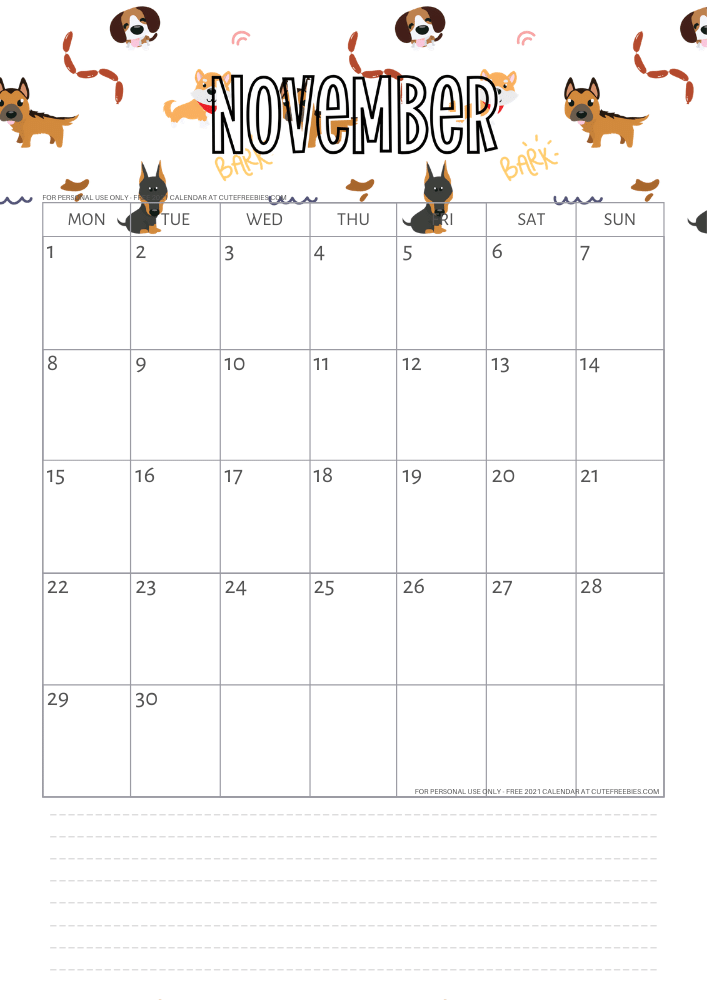 november-2021-printable-calendar-dogs - Cute Freebies For You