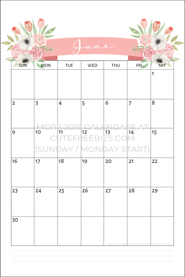 Free Printable June 19 Calendar Flowers Cute Freebies For You