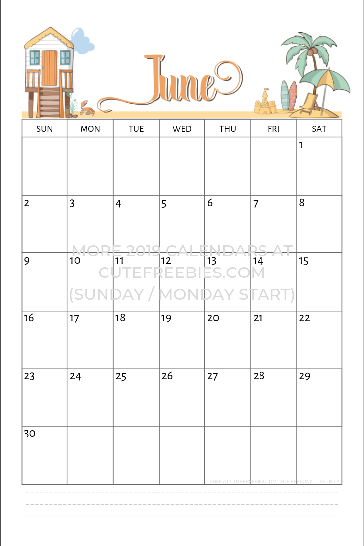 printable june 2019 calendar beach cute freebies for you