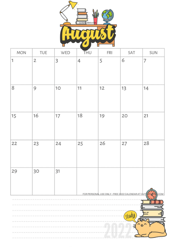 august 2022 school calendar freeprintable cute freebies