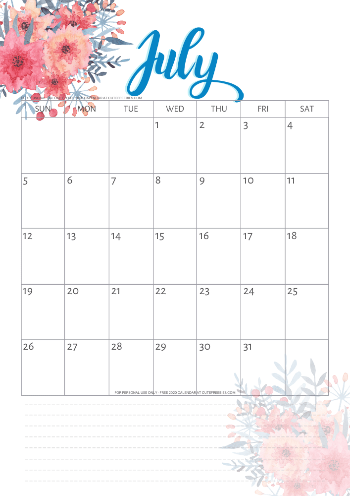 july 2020 calendar printable floral cute freebies for you