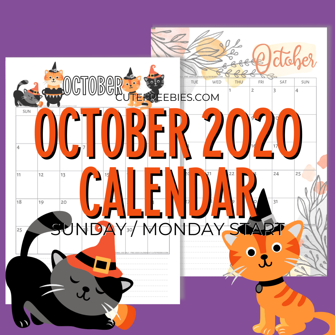 Free Printable October 2020 Calendar - Cute Freebies For You