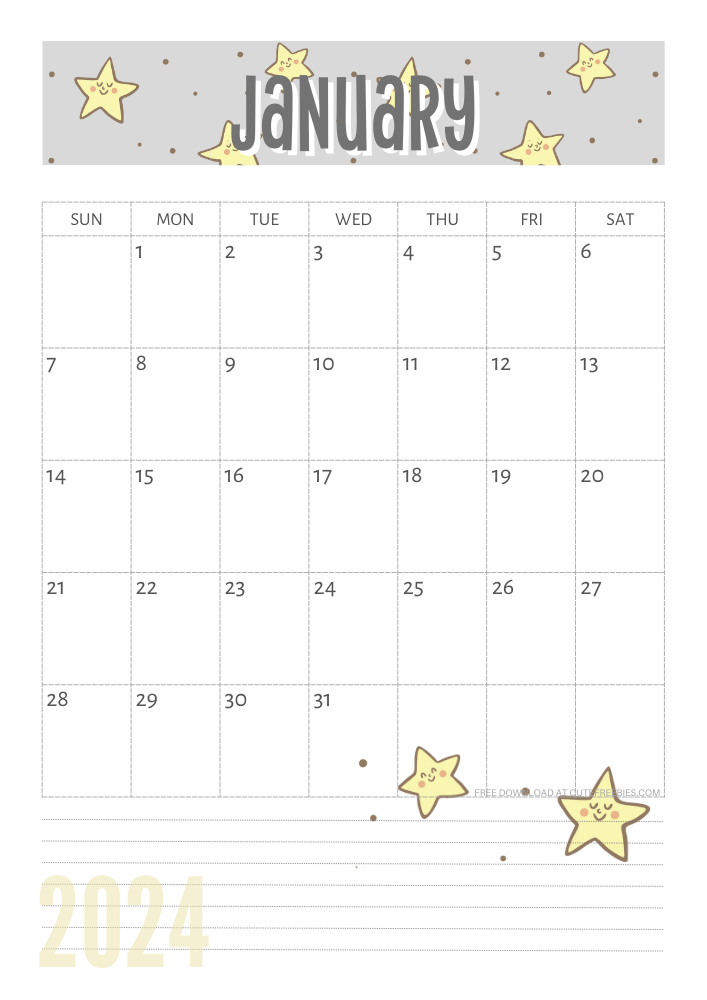 2024 Cute Stars Yellow Planner – Free Printable - Cute Freebies For You