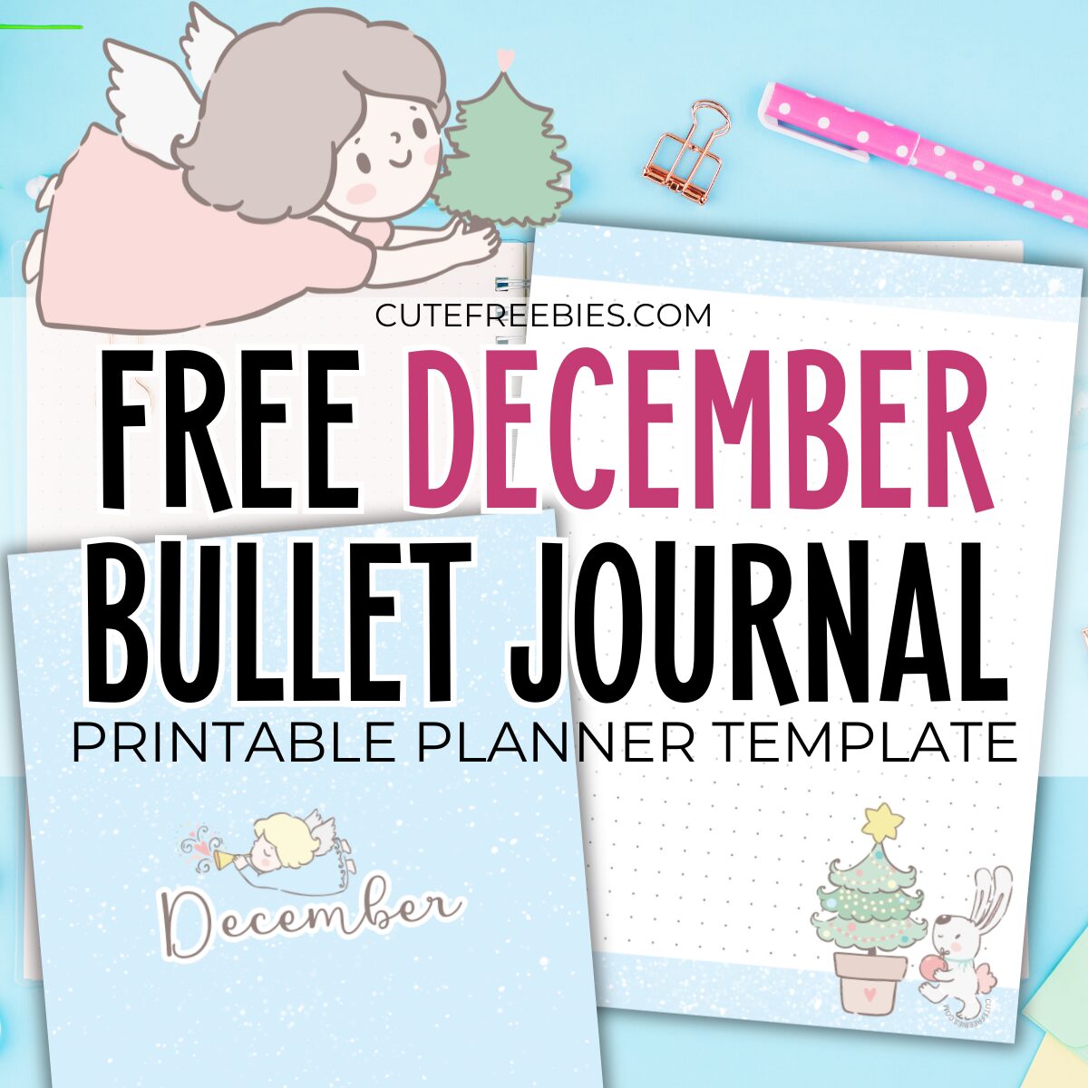 Free printable December bullet journal template PDF planner with cute Christmas theme #cutefreebiesforyou #printableplanner #freeprintable #bulletjournal